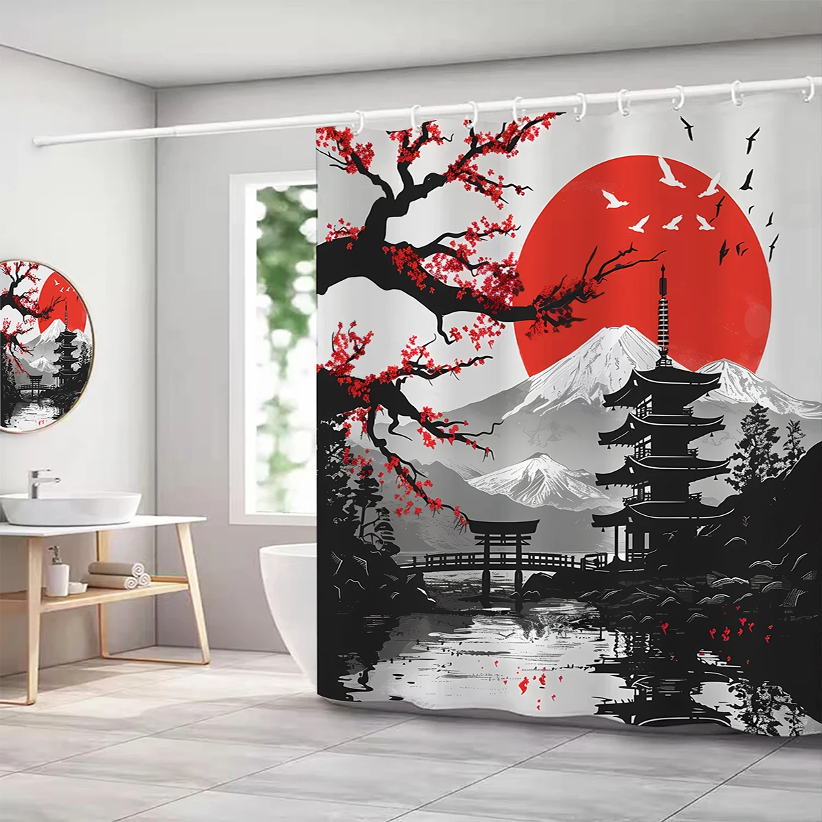 1 pc Japanese landscape pattern polyester material shower curtain waterproof fabric, thickened anti mold partition curtain f