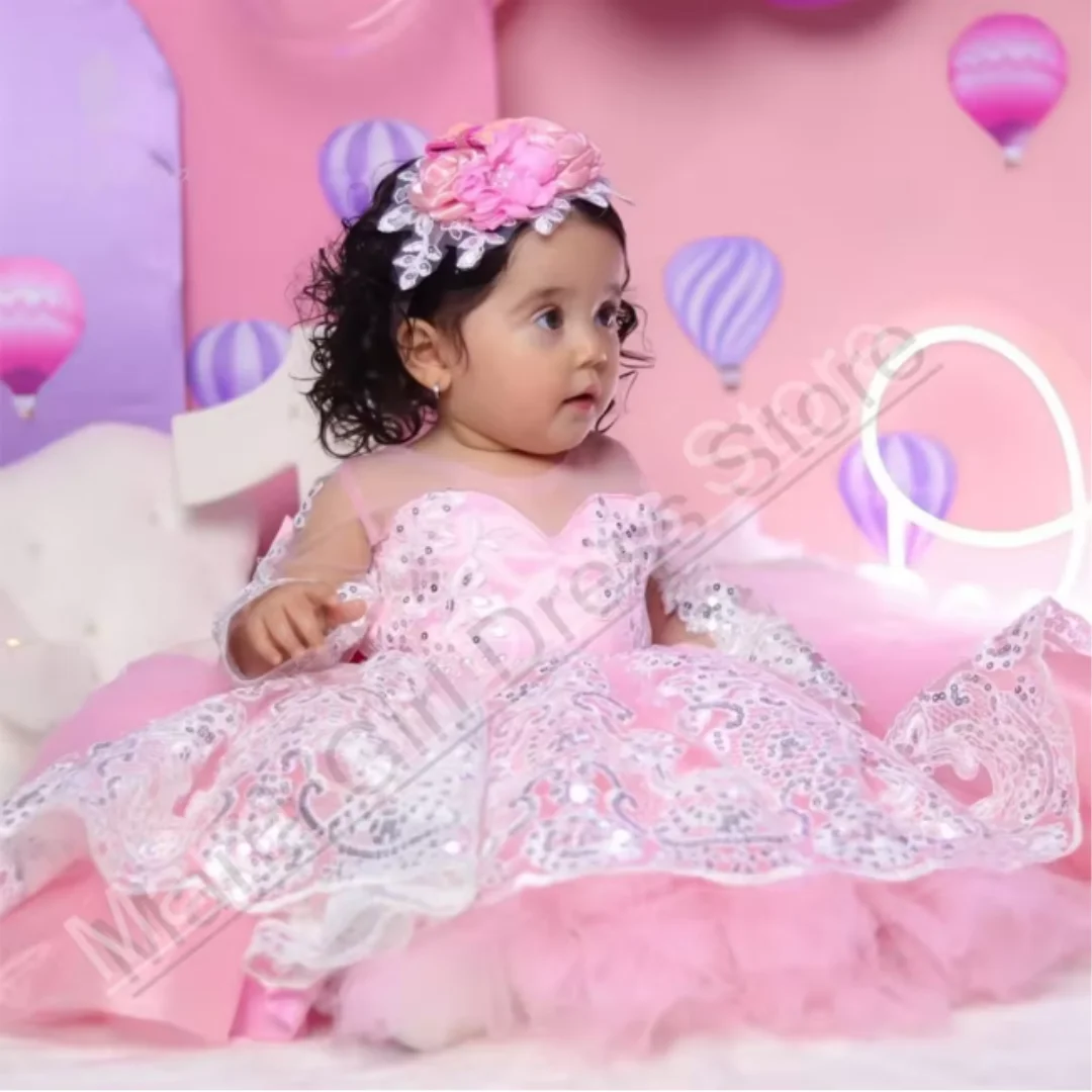 Adorable Flower Girl Dress with Sequin Floral Appliqués Long Sleeves with a Bow Suitable for Weddings Birthday Parties