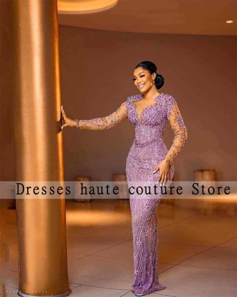 Aso Ebi African Purple Beaded Mermiad Evening Dresses 2025 Luxury Crystals Prom Dresses Customized Formal Wedding Paery Gown