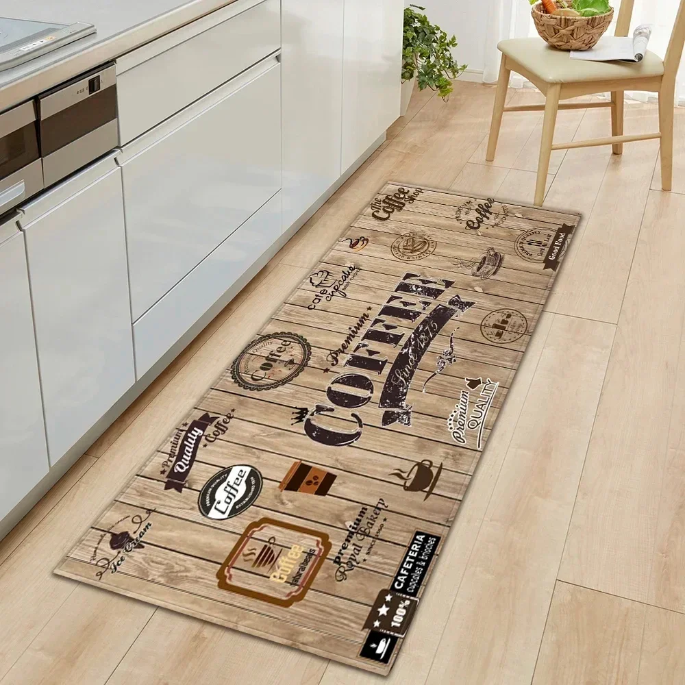 Kitchen Rug Vintage Coffee Wooden Board Bedroom Balcony Living Room Hallway Long Strip Carpet Anti-slip Floor Mat Home Decor