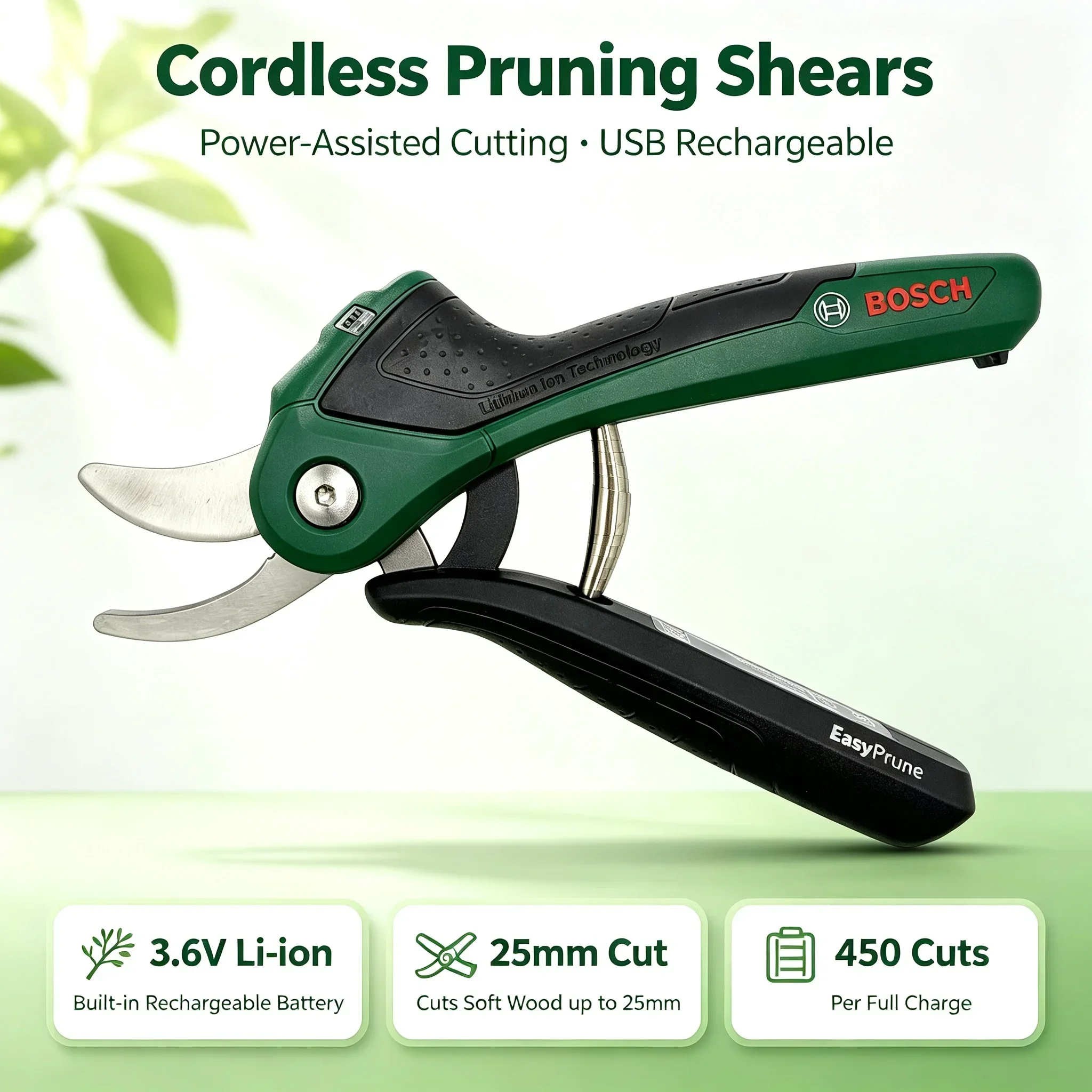Bosch EasyPrune Hand Pruner Shears, High‑Performance Garden Branch Cutter, Comfort Grip Secateurs for Household Plant Pruning