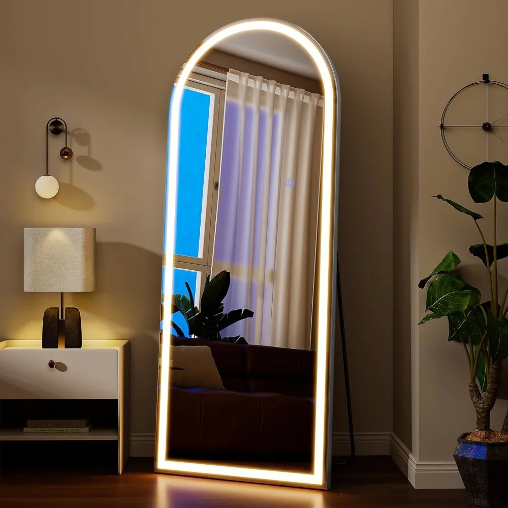 Espejo LED de 56 "x 21", longitud completa, espejo corporal de suelo arqueado con luces regulables, 3 modos de color, montado en la pared apoyado de pie para