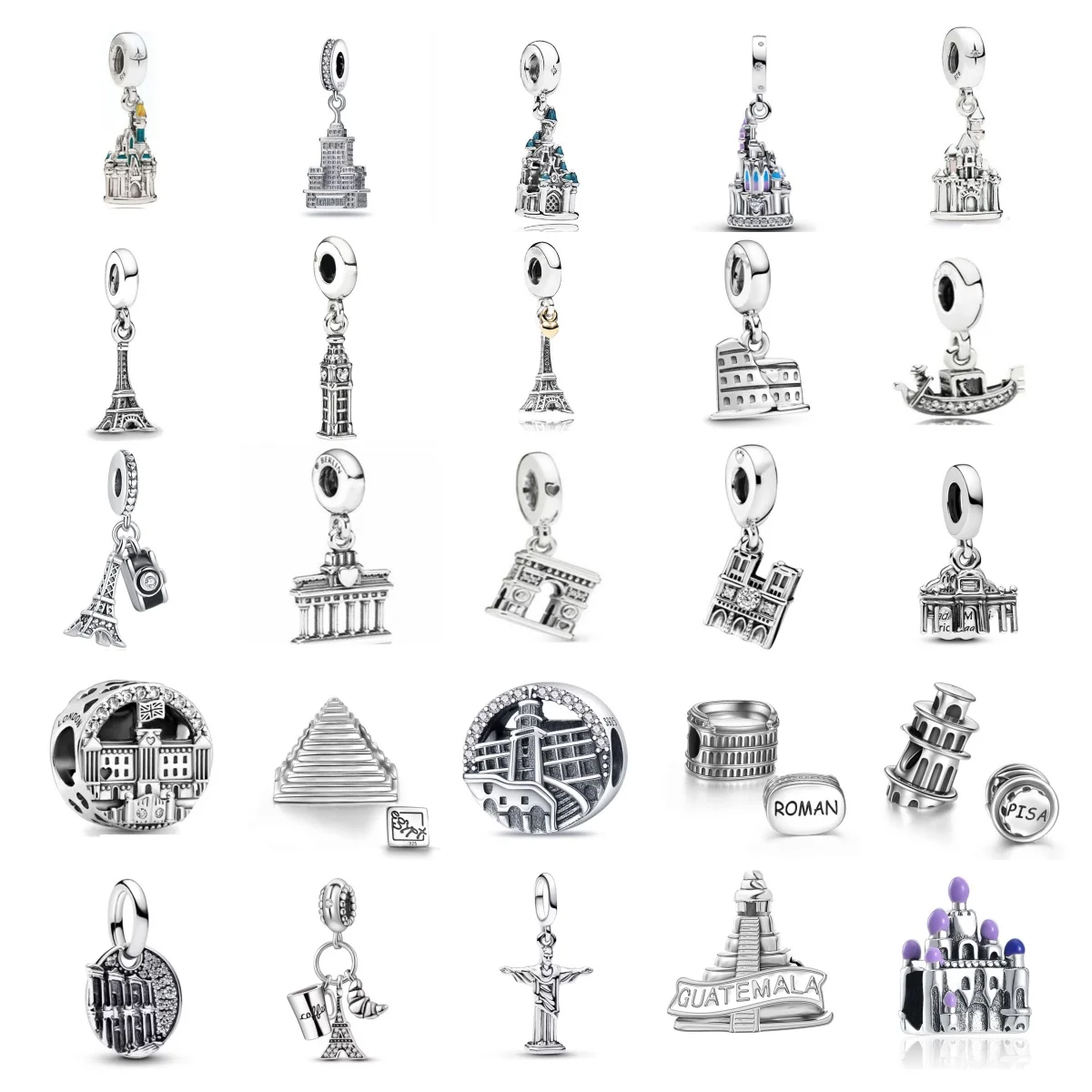 European 925 sterling silver charm camera hand Eiffel Tower suitable for original bracelets, necklaces, women's jewelry