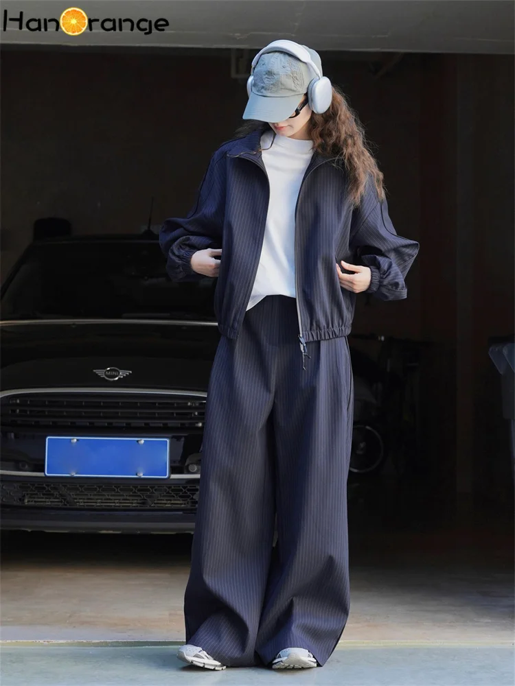 HanOrange 2024 Spring Fashion Wide Leg Stripe Pants Women Loose Straight Cool Pants Female Navy/Gray