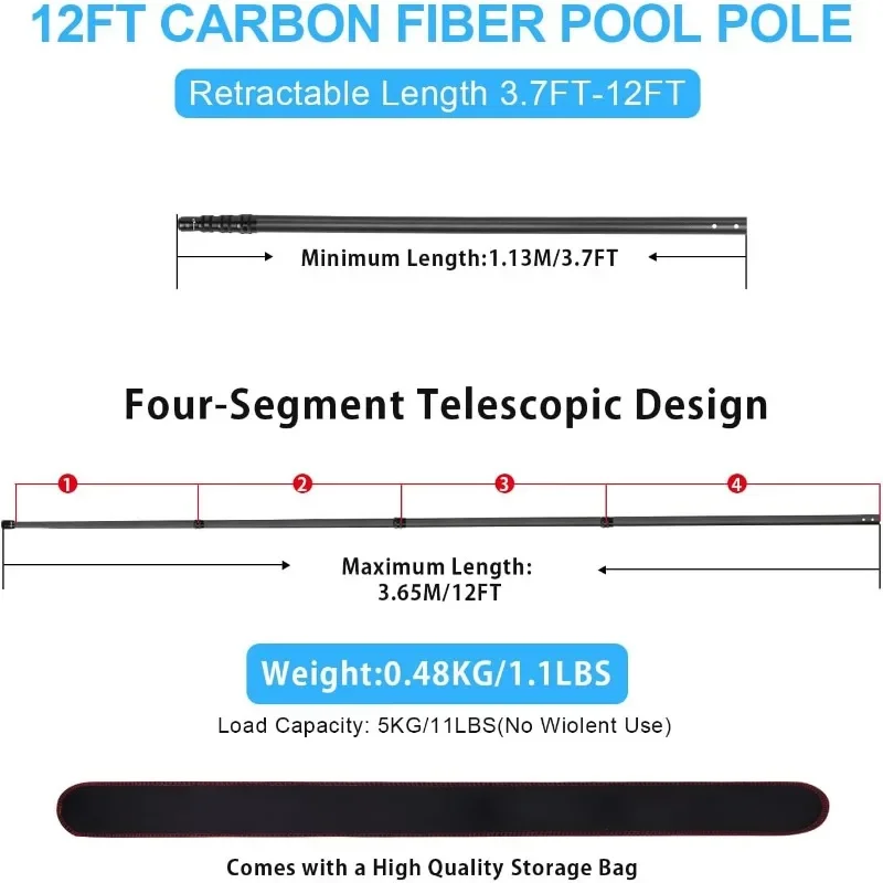 Carbon Fiber Pool Pole, 12 Foot Telescoping Swimming Pool Cleaning Pole Telescopic Pool Pole 3.7 to 12 FT Professional Poles