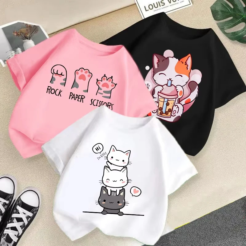 

2025 Summer New Cat Printed Candy Color Children's T-shirt Round Neck Short Sleeve Baby Girls Summer Clothes Trendy