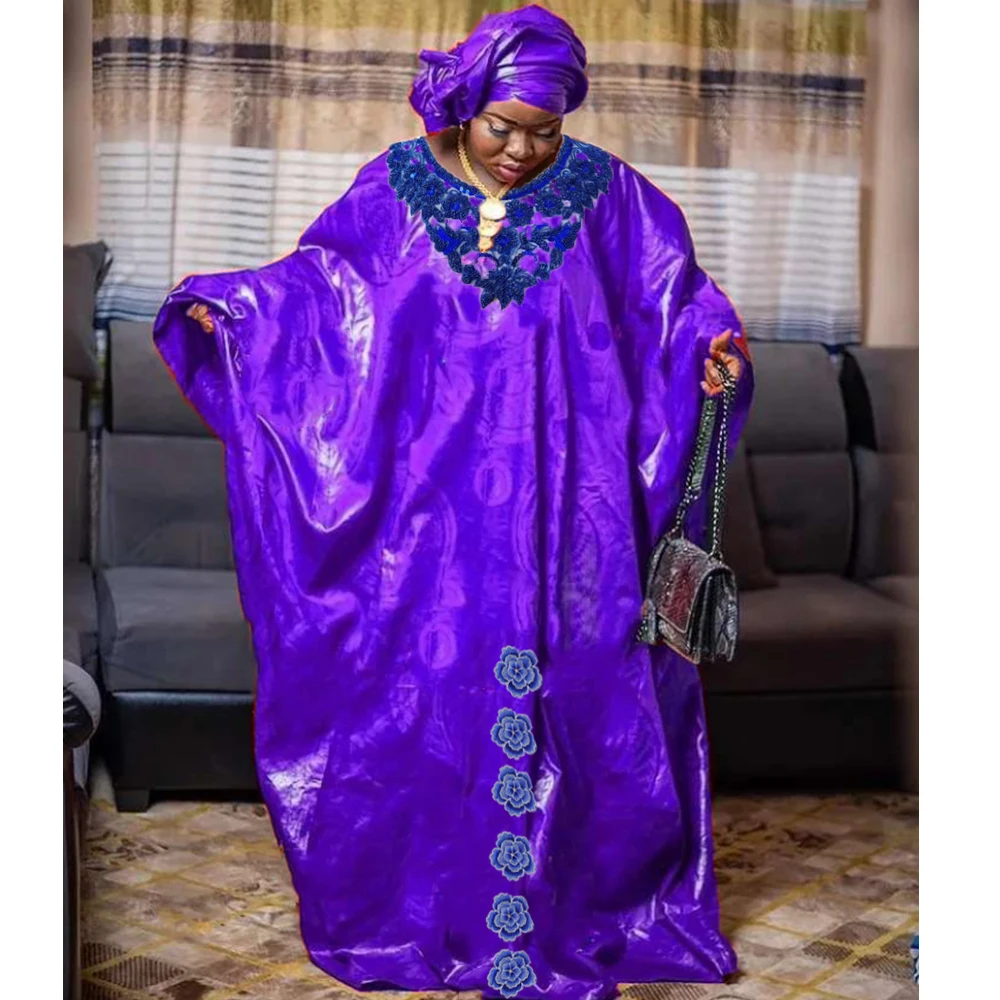 

Bright Purple African Bazin Dress With Stones Embroidery Guipure Dsahiki Nigerian Indian Women Wedding Traditional Basin Robe