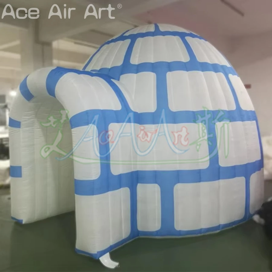 Blue & White Inflatable Igloo Father Christmas's Grotto Winter Inflatable Dome Tent for Outdoor Christmas Decor Kids Fun