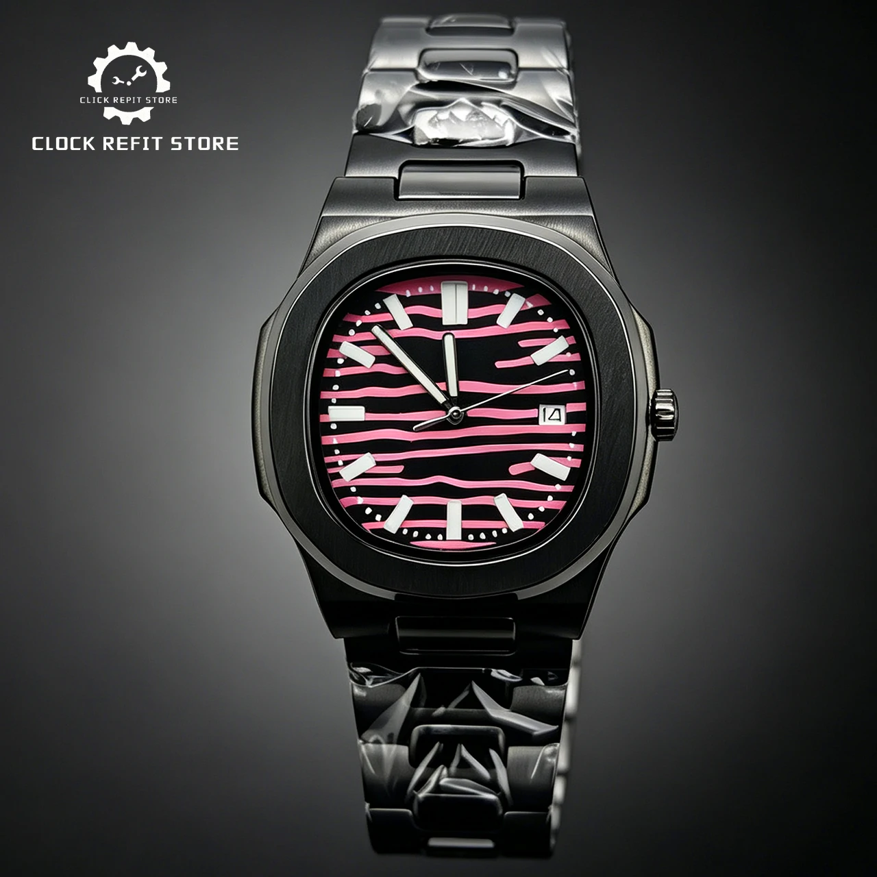 42mm NH35 Classic Black Automatic Watch, Stripe Textured Dial Sapphire Crystal Solid Caseback DIY Mod, Hot Sale Fashion
