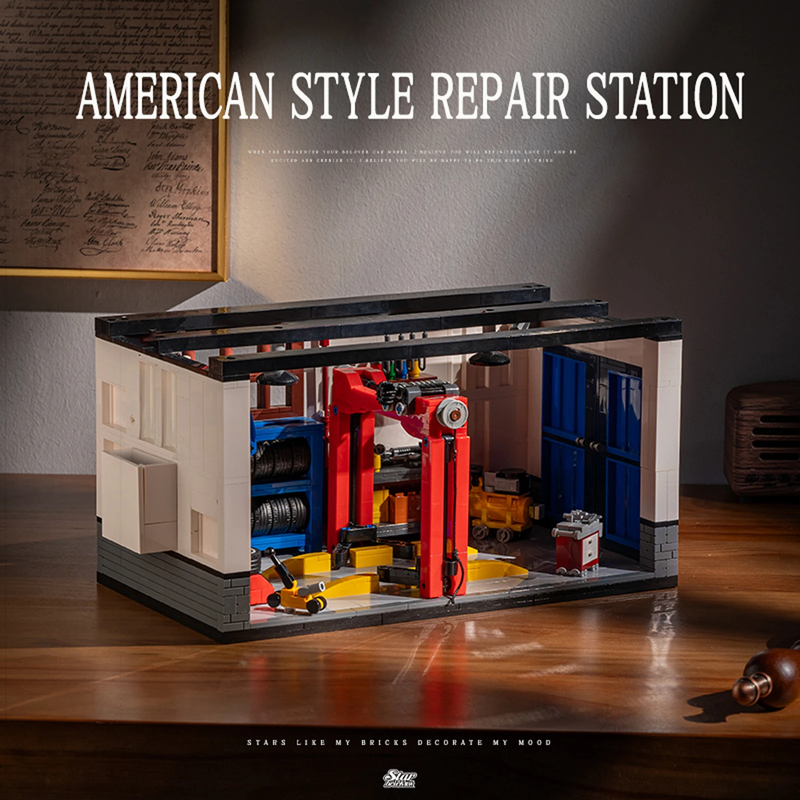 Moc estilo americano loja de reparo de automóveis blocos de construção técnica retro garagem arquitetura diy tijolos brinquedos para crianças adultos presentes