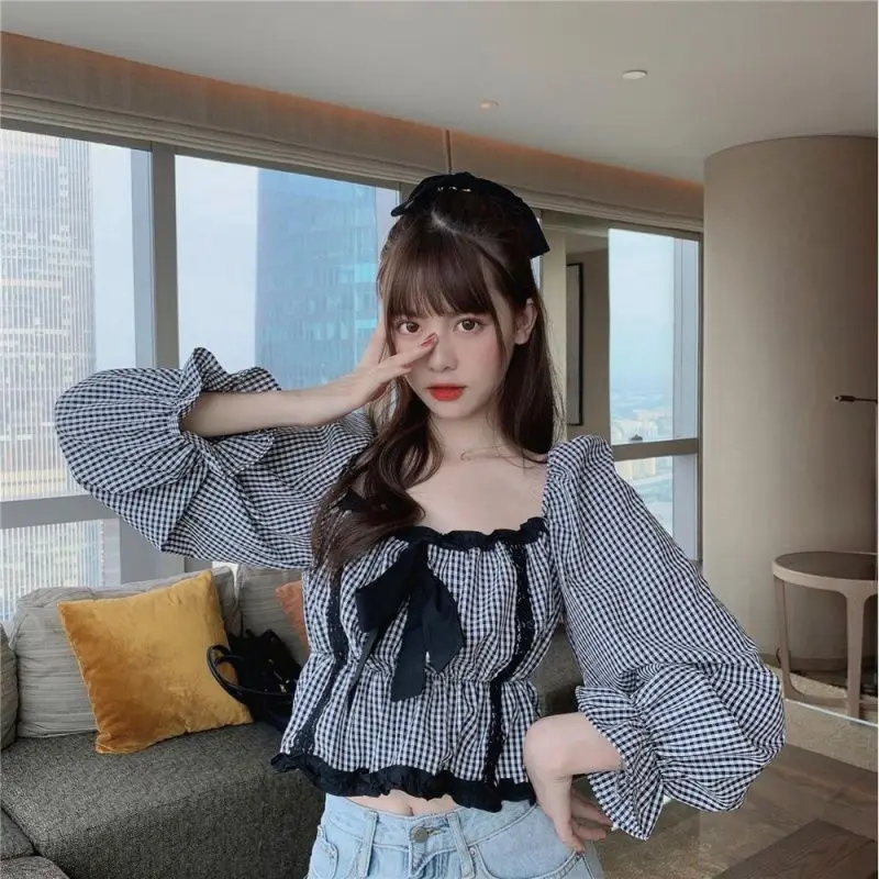 Spring New Ruffled Bow Lace Short Stitching Puff Sleeve Long Sleeve Plaid Shirt Slimming Women's Top