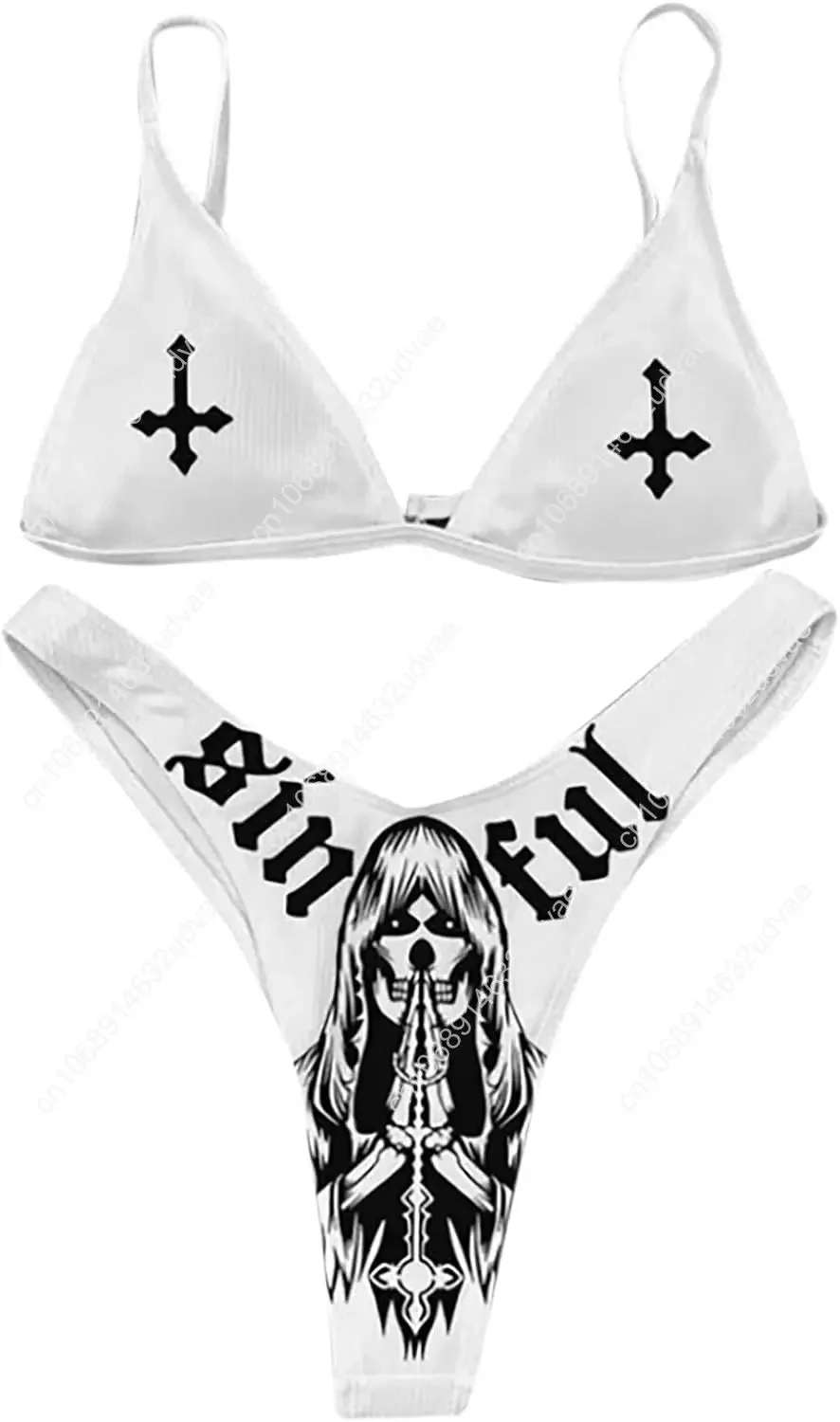 

Gothic Skull Letter Printed Women Two Piece Swimsuit High Cut Triangle Bikini Set for Rave Party Festival Halloween