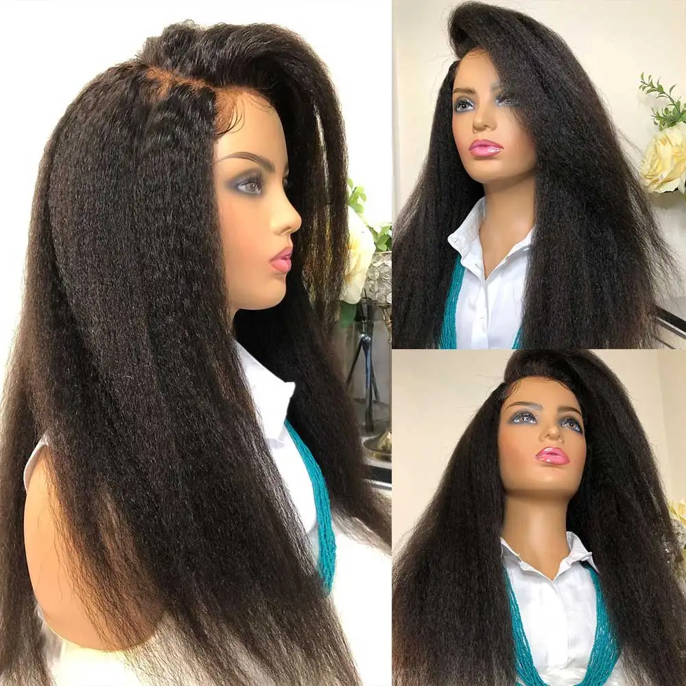 

Soft Yaki 180%Density 26Inch Long Kinky Staright Lace Front Wig For Black Women Babyhair Natural Hairline Glueless Preplucked