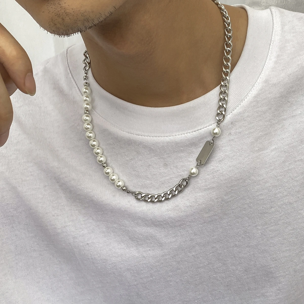 Hip Hop Asymmetric Curb Cuban Link Chain Necklace For Men Classic Imitation Pearl Beaded Collar High Quality Neo-gothic Jewelry