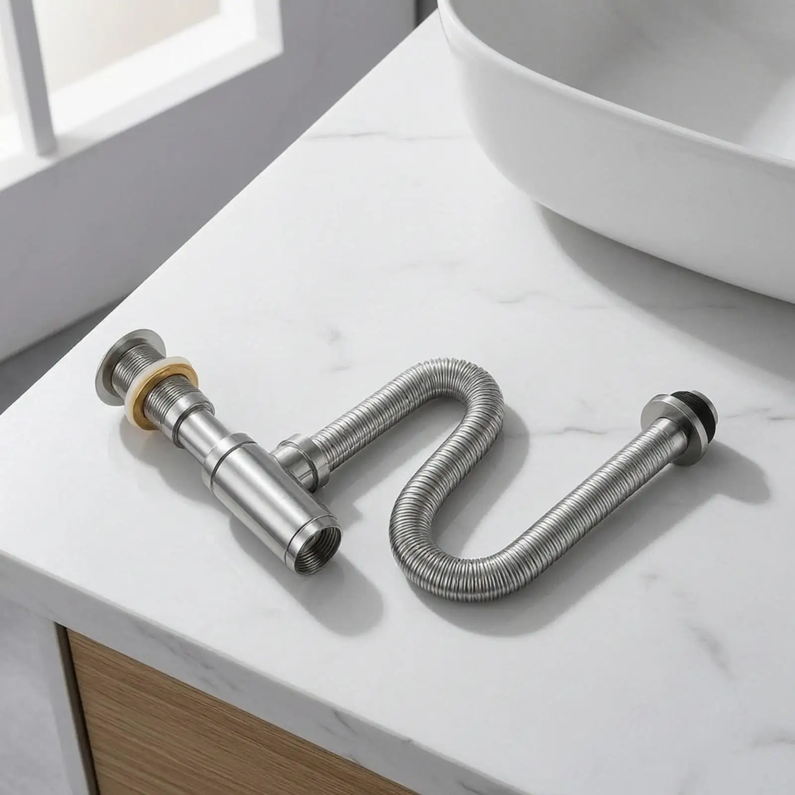 Sink Drain with Flexible Hose | Chrome Copper Construction, space-saving-Saving Design, Bottle seal with Corrugated Pipe, for