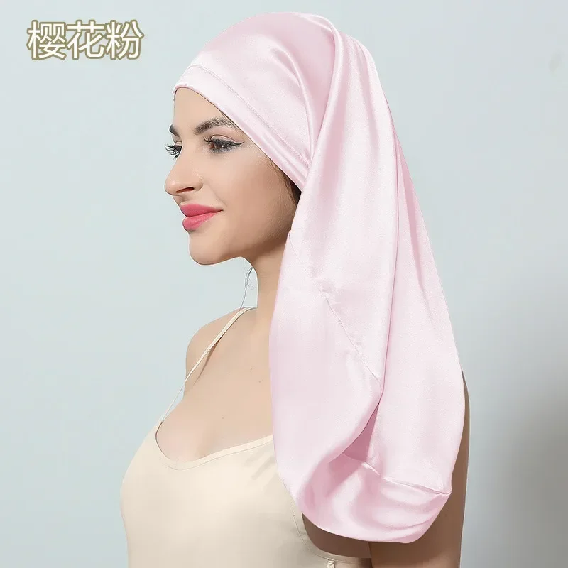 

60cm Length 100% Pure Silk Bonnets Cap for Women Bandage Sleeping Mulberry Silk Hair Wrap Elastic Headwrap Shower Hat Girl