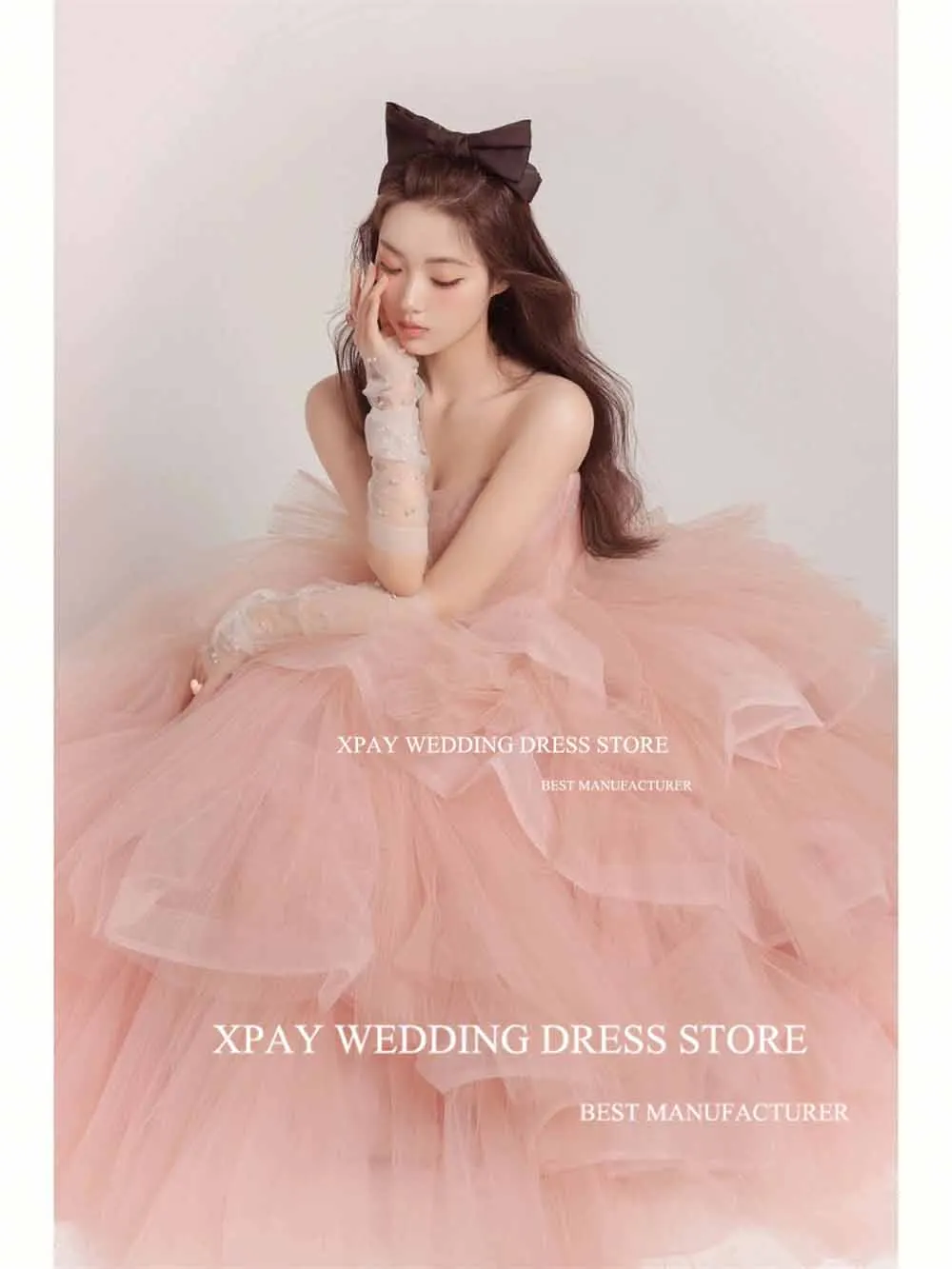 XPAY Blush Pink Sweetheart Korea Evening Dresses A Line Sleeveless Ruched Tiered Formal Party Prom Gown For Wedding Photos Shoot