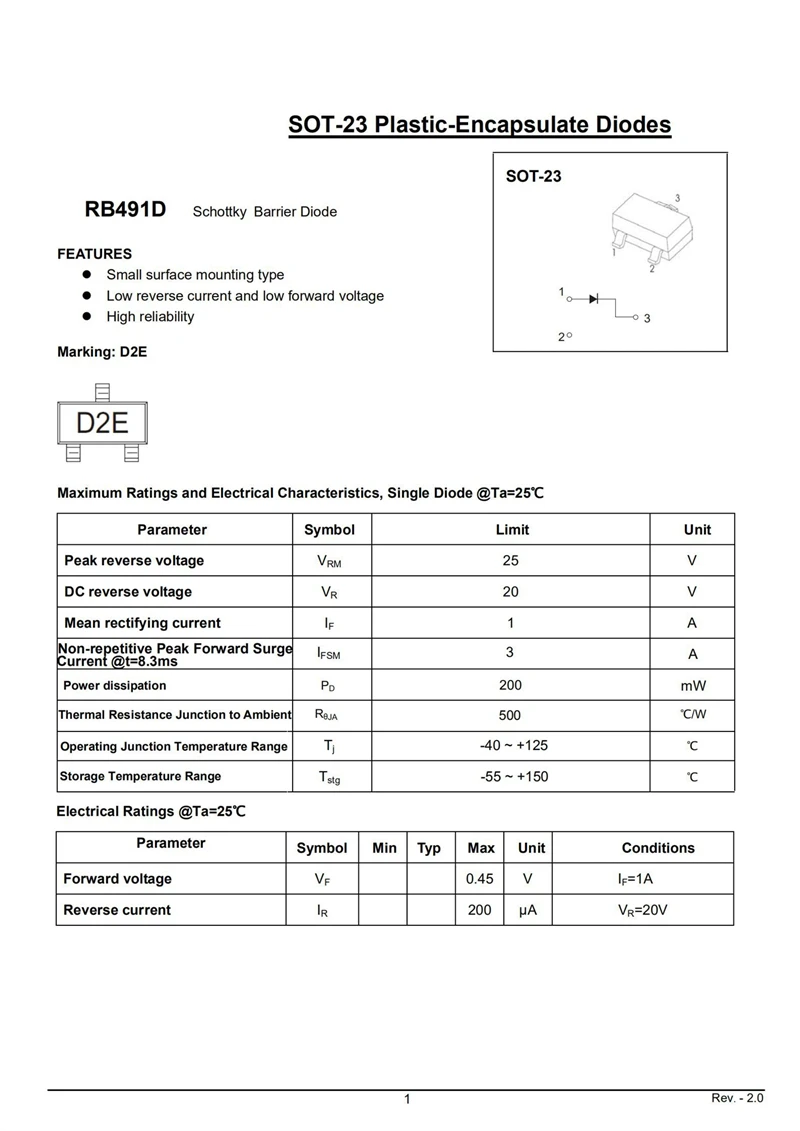 オリジナルのsmdショットキーダイオード、rb491d d2e sot-23、1a 20v、50個