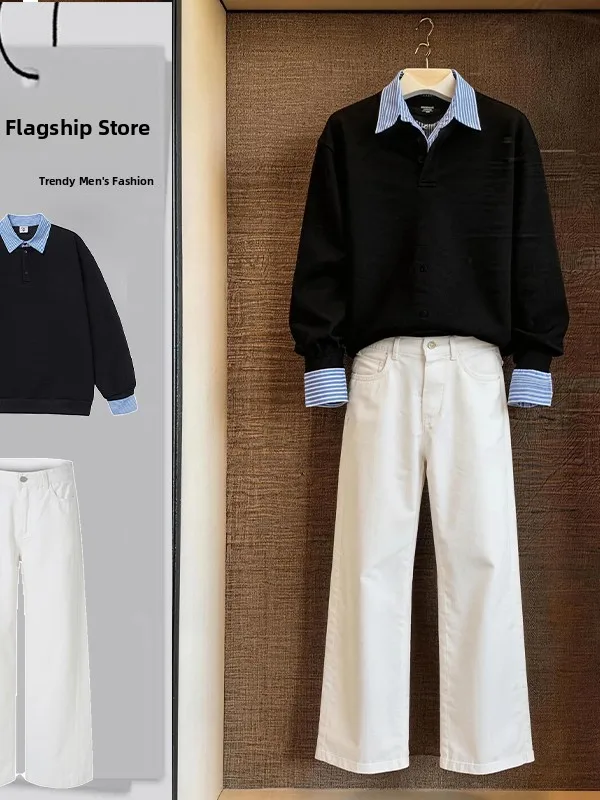 

Casual Cool M Outfit Spring Season Long Sve Sweatirt And Pants Set Heavyweight Fake Two-Piece Set for Teenagers