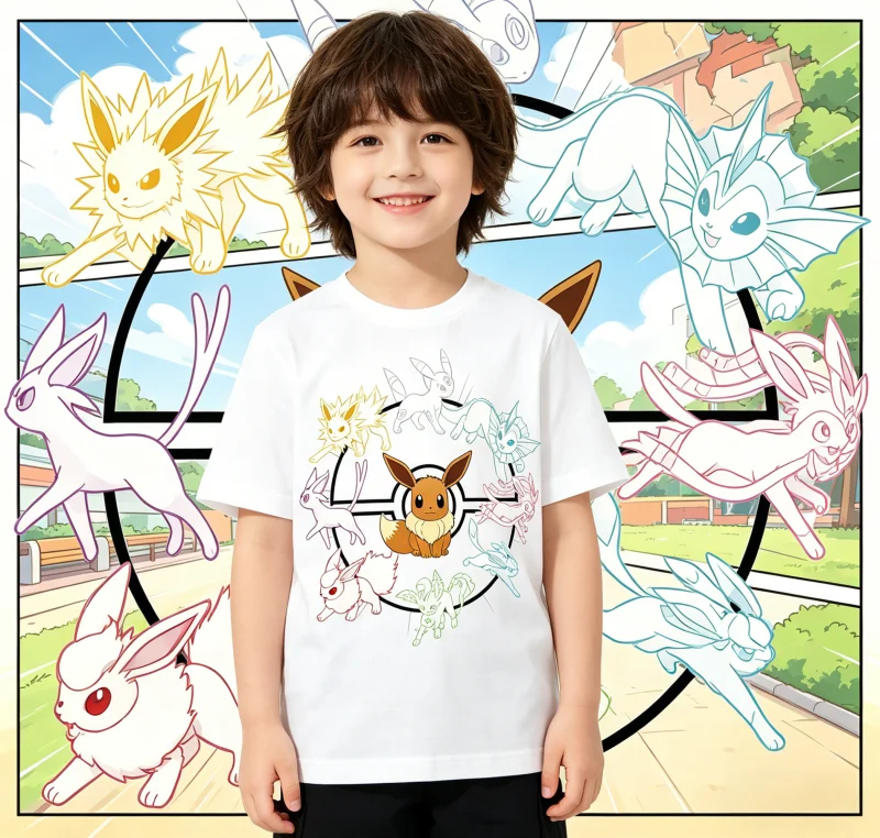 

2026 Summer Pokemon Eevee Evolutions Cotton T-Shirt, Unisex Casual Breathable Quick Dry Plus Size Family Matching Sports Tee Y2k