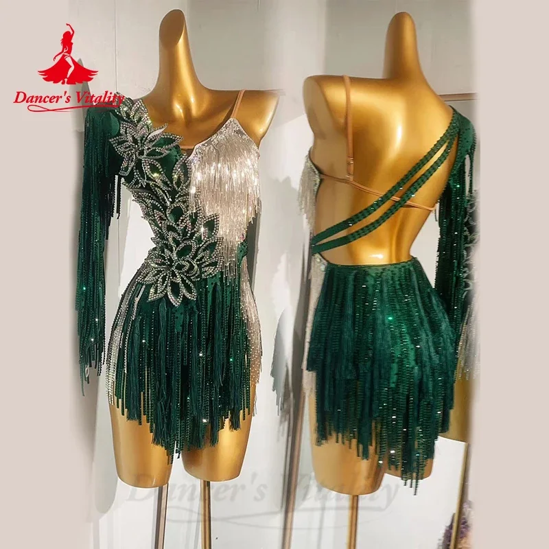 white christmas dresses One-sleeve Beaded Crystalline Latin Dress Latin/Rhythm # L5059 – Unika  Dancewear main image 1