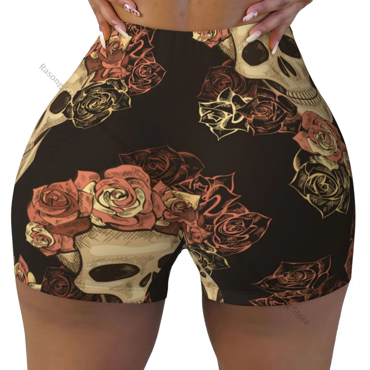 Yoga Shorts Vintage Day Of The Dead Roses And Skull Women Biker Tight Elastic Workout Sports Leggings Sportswear