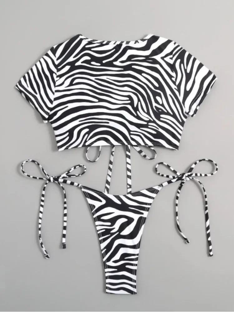 2 Pieces Zebra Print Tie Side Bikini 2025 Women Lace Up Short Sleeve Top Swimwear Female Swimsuit Beach Wear Bathing Suit Summer