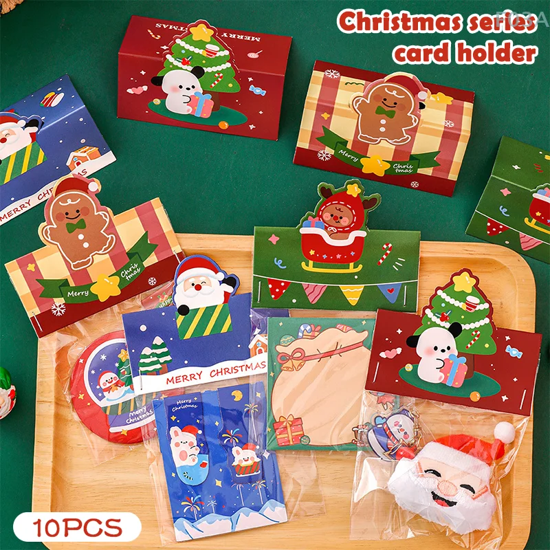 10Pcs Christmas Folding Cardboard Cute Cartoon Santa Claus Christmas Tree Gingerbread Man Card Paper Gifts Packaging Material