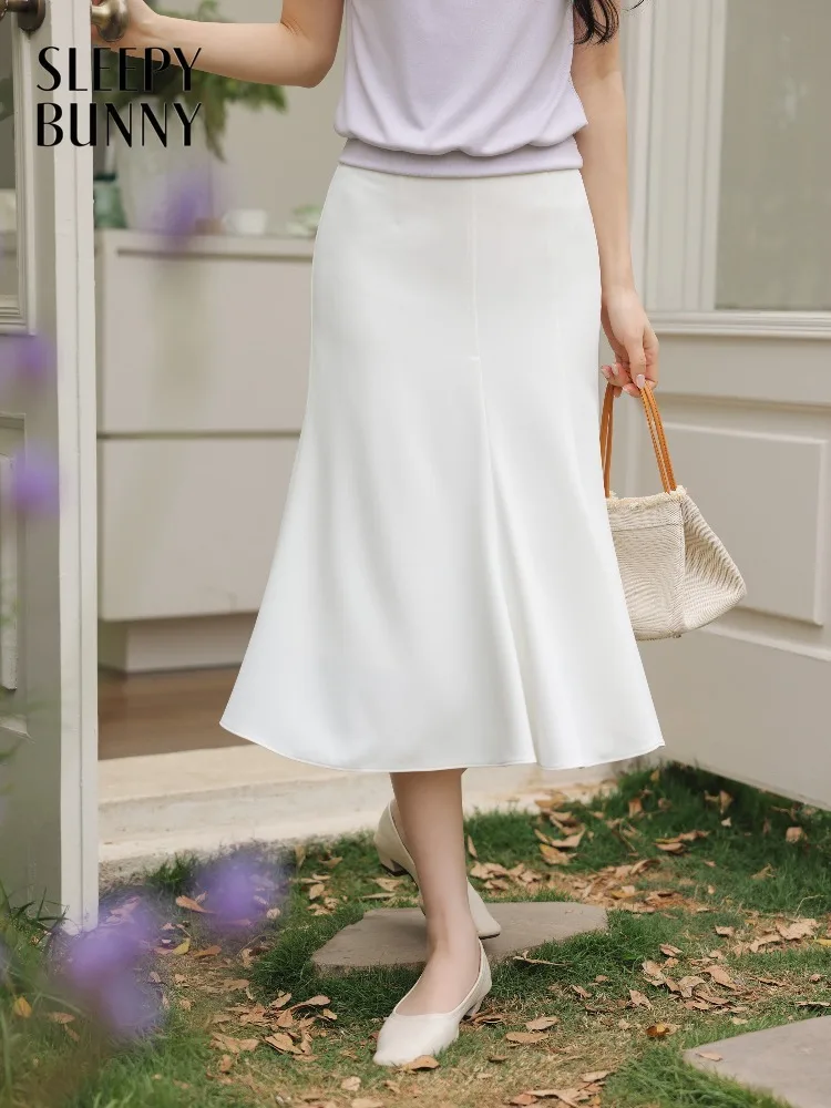 

Women French High Waist White Midi Skirt Lady Spring Petite A Line Hip Cover Flowy Fishtail Dress Chic Casual Daily Wear Office