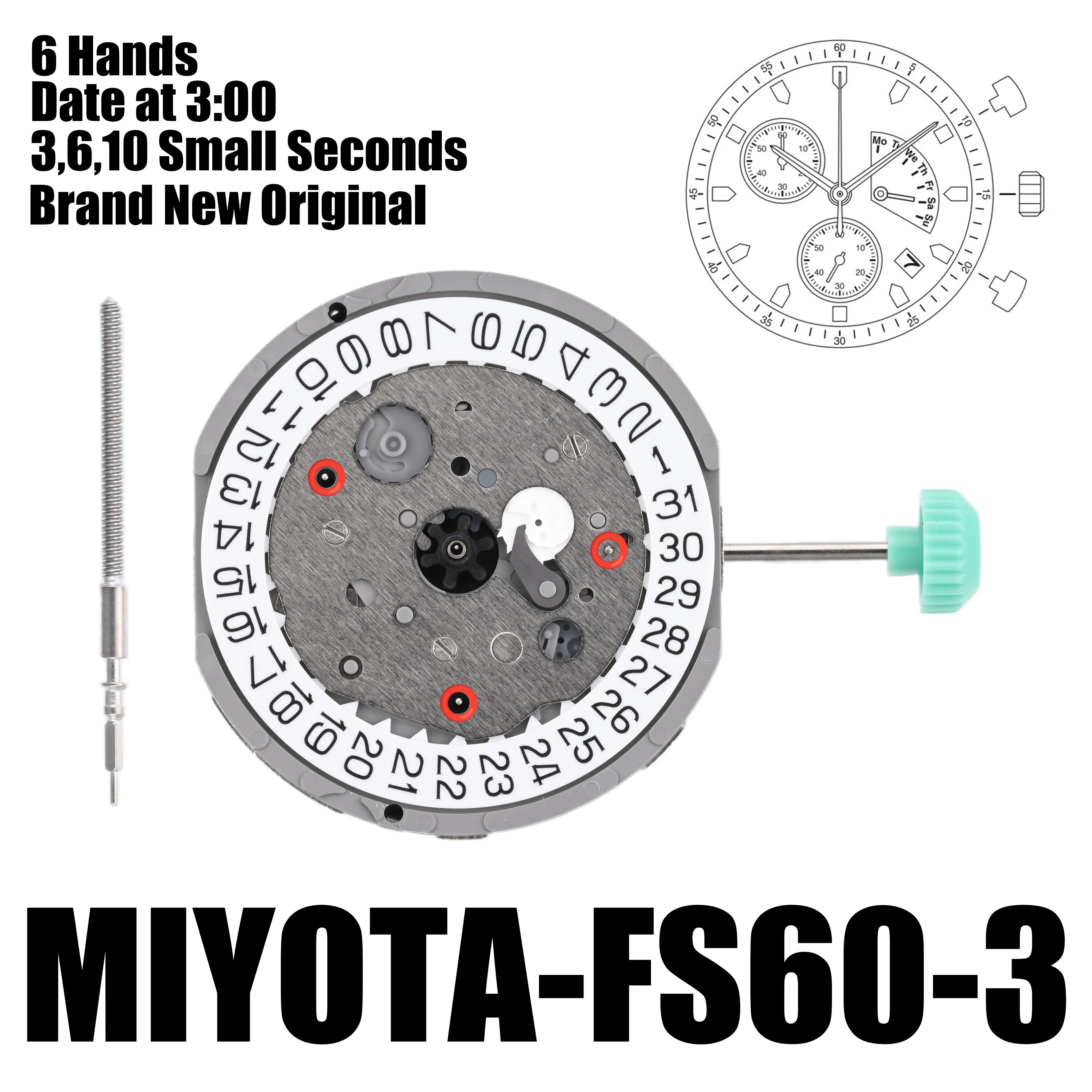 Brand New Orginal FS60 Movement Genuine Miyota FS60 Movement 6 Hands 2.6.10 Small Seconds Date Display Inclined At 3:00