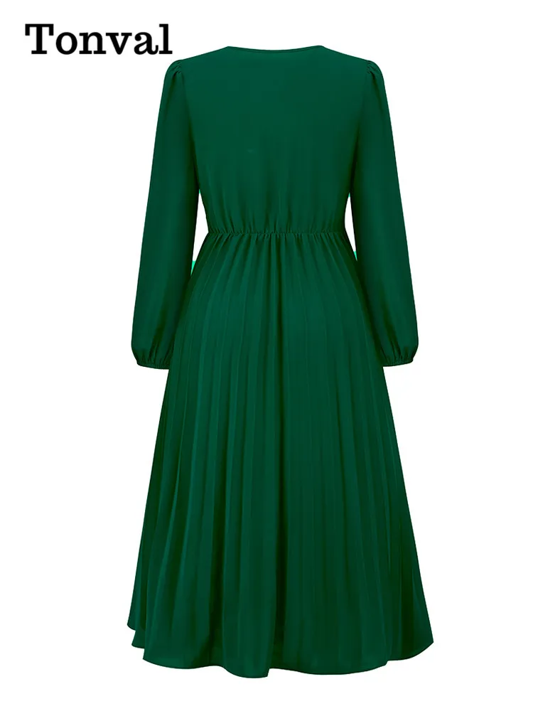 Tonval V-Neck Elegant Tea Dress 2024 Autumn Clothes for Women Bishop Sleeve Elastic Waist Pleated Solid Plain Long Dresses