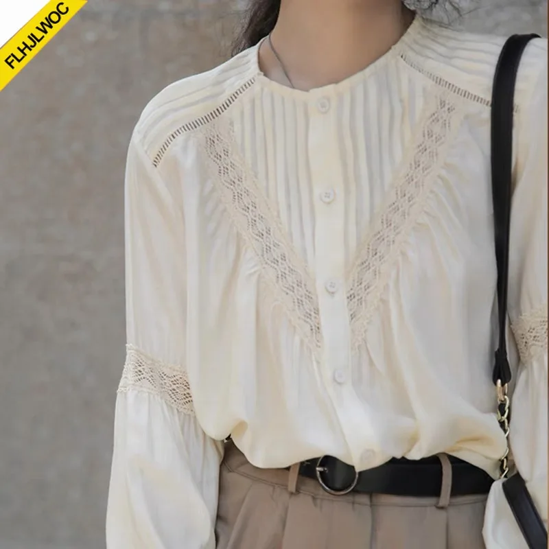 Cute Chic Tops Korea Japan Style 2024 Autumn Long Sleeve Casual Cute Retro Vintage Women Hollow Out Lace Top and Blouses