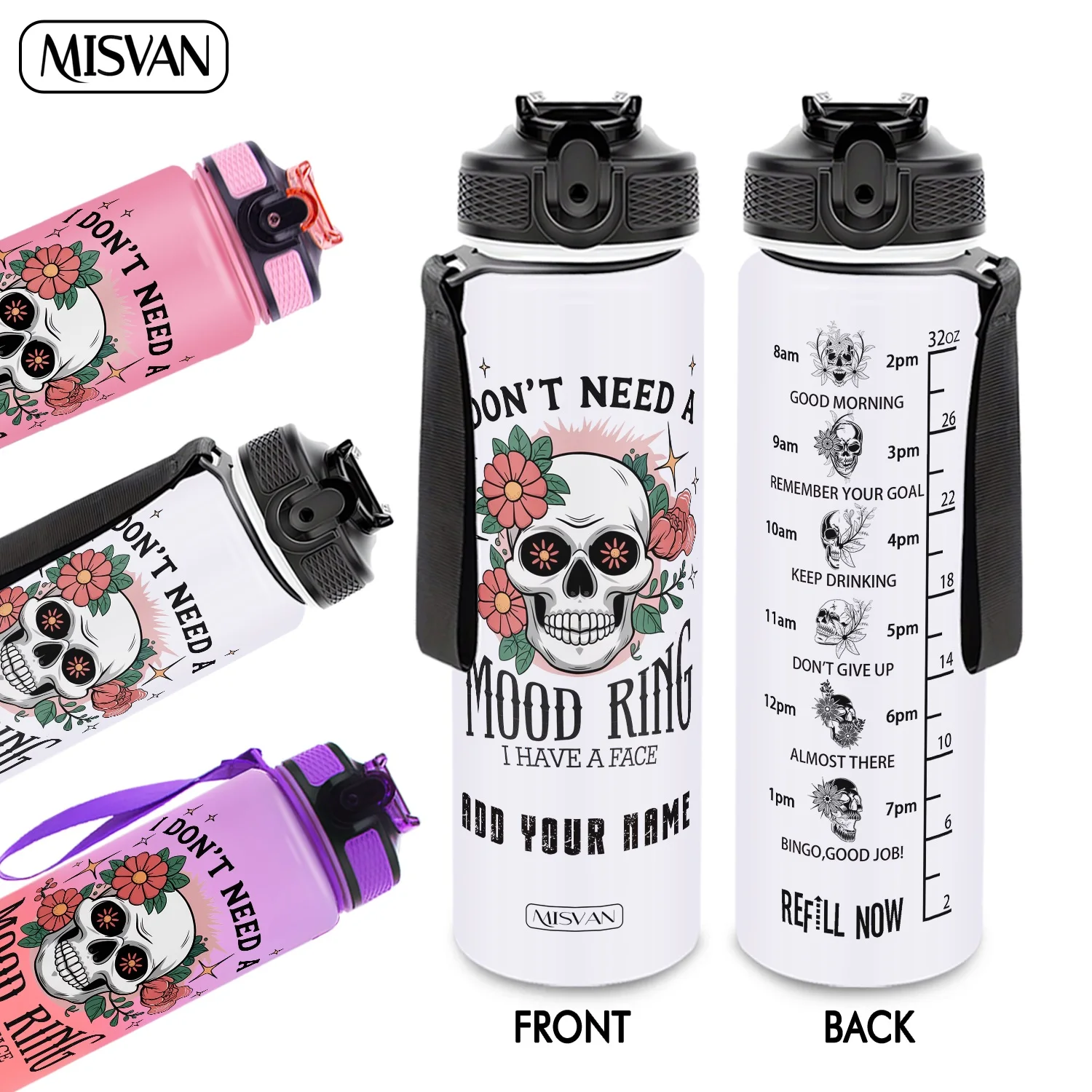 

Бутылка для воды 32 унции с персонализированным принтом в виде черепа, цветов и звезд, градиентная, непротекаемая, с HD-печатью, не осыпающаяся, идеально подходит для спорта