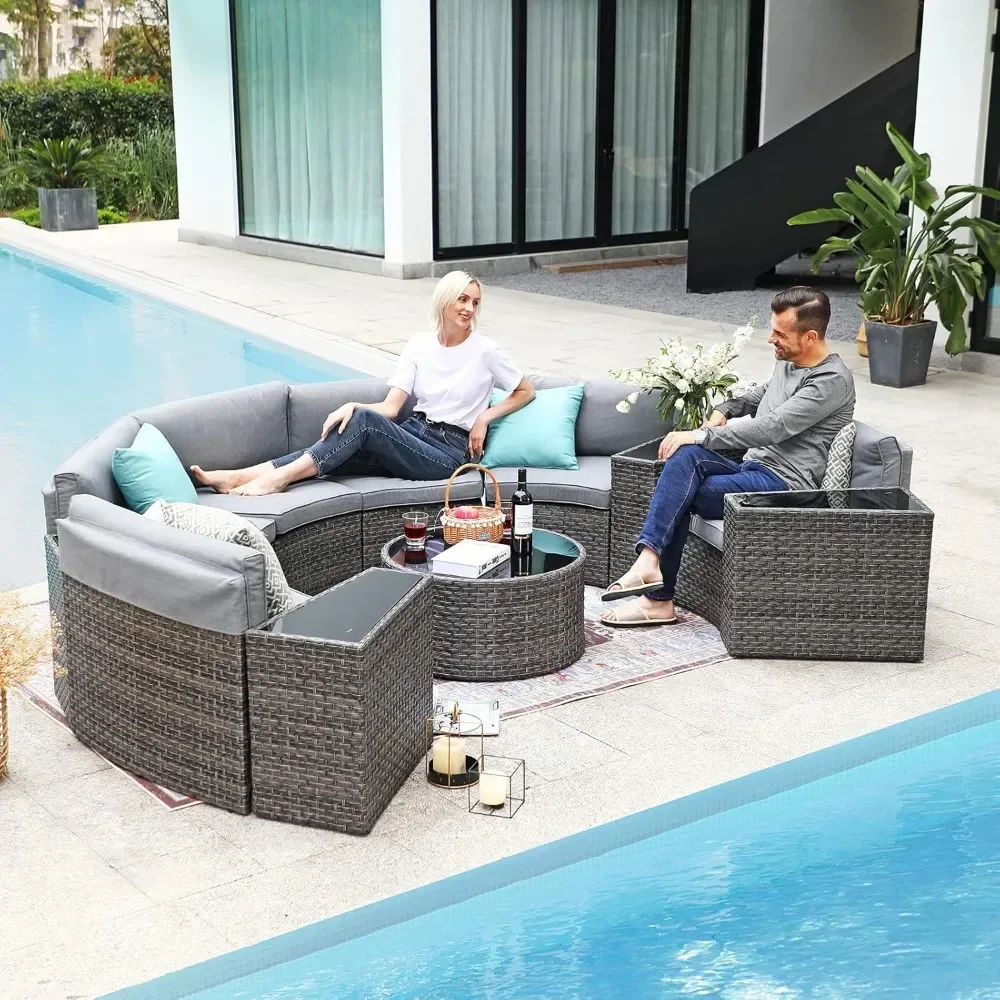 Outdoor Patio Furniture 11-Piece Half-Moon Sectional Round Set Curved Sofa with Coffee Table Suitable for outdoor courtyard use