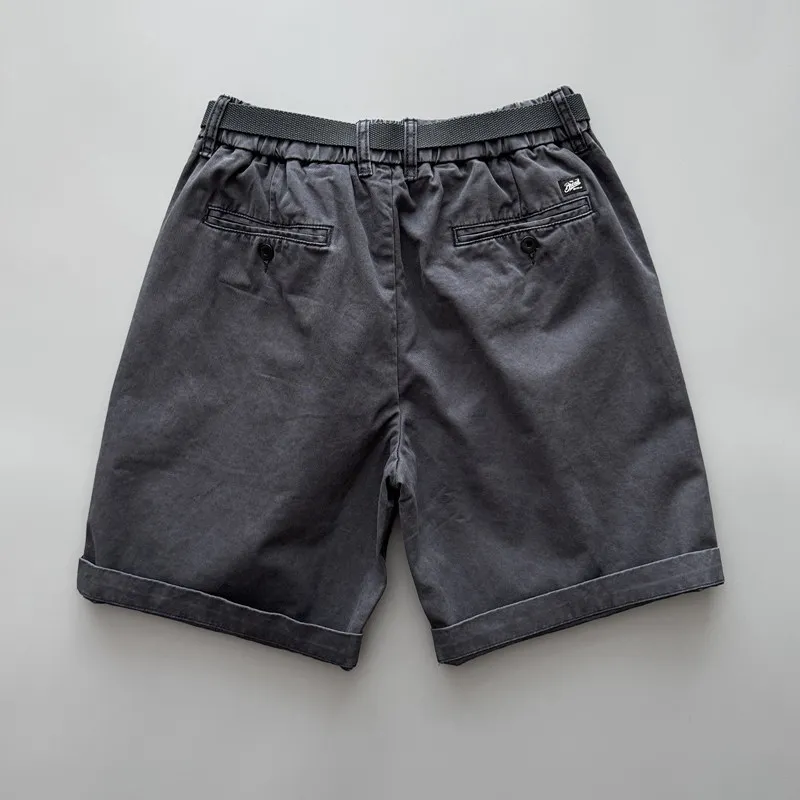 American Retro Heavyweight 100% Cotton Shorts for Men Vintage Wash Distressed Slight Loose Straight Casual Knee-Length with Belt