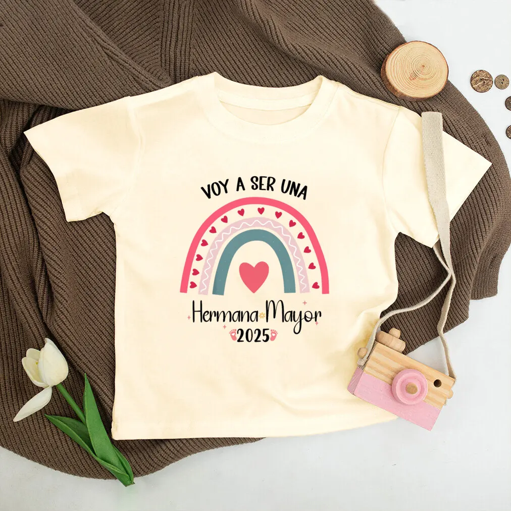 Rainbow Big Sister Spanish Print Shirt Pregnant Announcement Clothes Retro Big Sister T-shirt Outfit Girls Short Sleeve Tops Tee