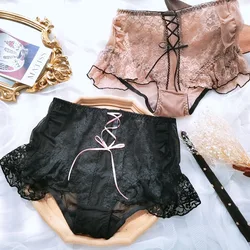 Japanese Style Ruffles Erotic Lingerie Women Panties Sexy Lace Transparent Female Briefs Cross Belt Red Underwear Plus Size 6XL