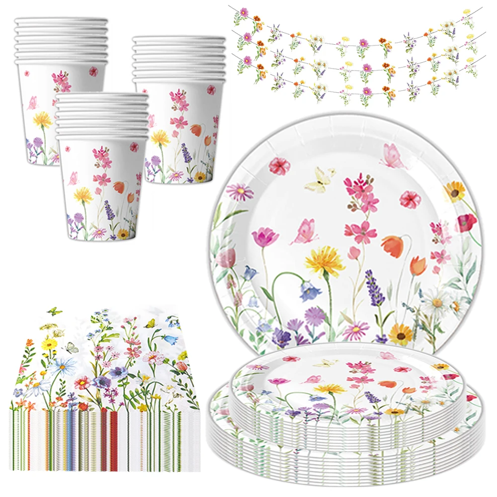 Einweggeschirr-Set, Wildblumenmuster, Pappteller, Tassen, Servietten, Mädchen, alles Gute zum Geburtstag, Party, Babyparty, Dekorationszubehör
