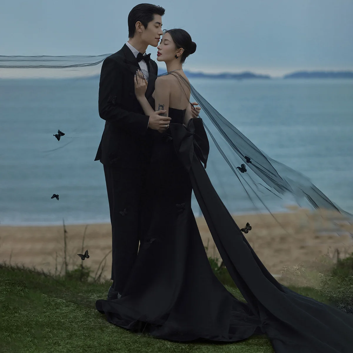 Simple A Line Black Mermaid Korea Evening Dresses Customised Photo shoot Corset Back bow Decor Floor Length Wedding Dress Gowns