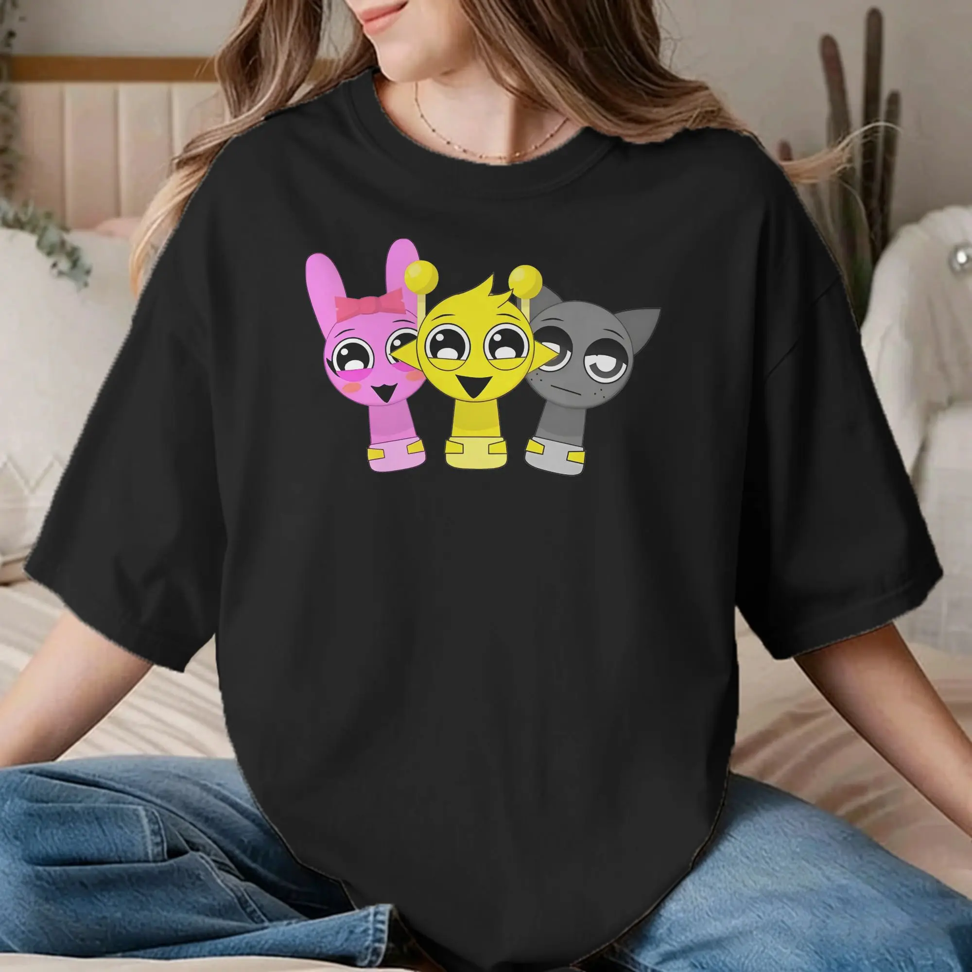 Sprunki Game T-Shirt for Men Women Pinki Simon Gray Fashion Cotton Tee Shirt Crewneck Short Sleeve T Shirt 6XL Clothes