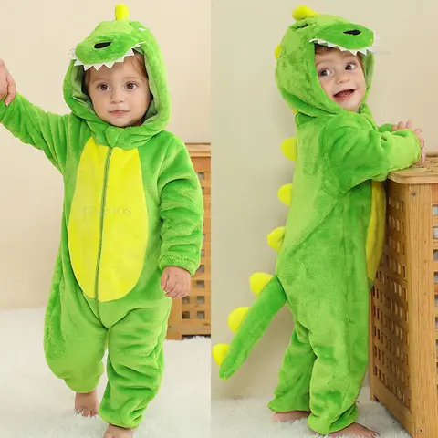 Halloween Dinosaur Winter Baby Romper Kigurumi Costume Flannel Hooded Bodysuit Pajamas Animal Overall Jumpsuit For Girl Boy 0-4T