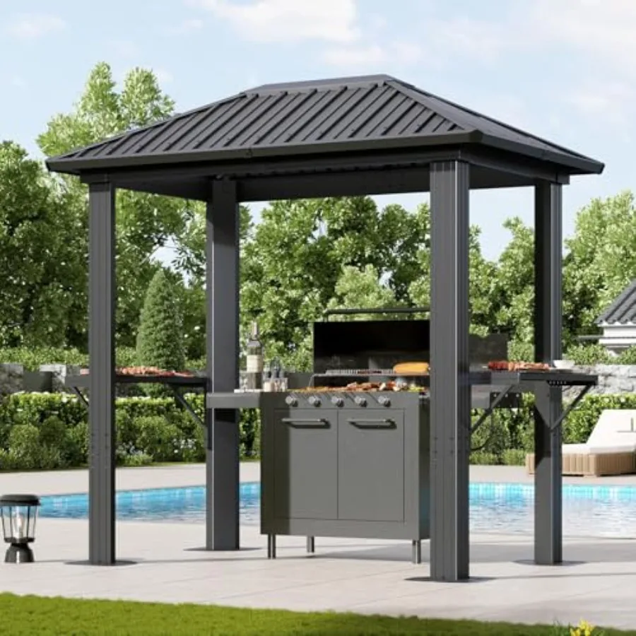 

Outdoor BBQ pavilion for lawn, garden, patio, backyard; galvanized steel roof and aluminum frame; gray; permanent hardtop gazeb