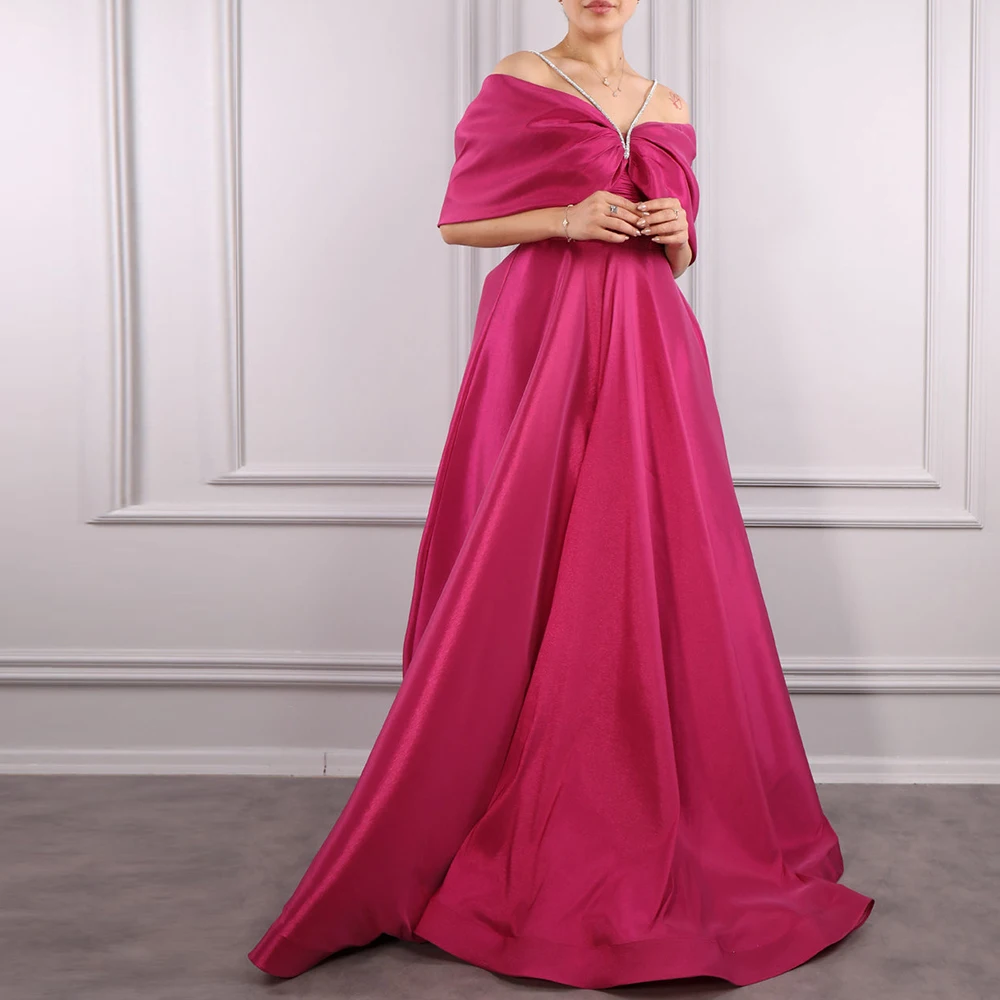 Saudi Arabia Evening Gowns Off the Shoulder Floor Length Satin Half Sleeves Straight Solid Color Sweep Train Pleats Classic 2024