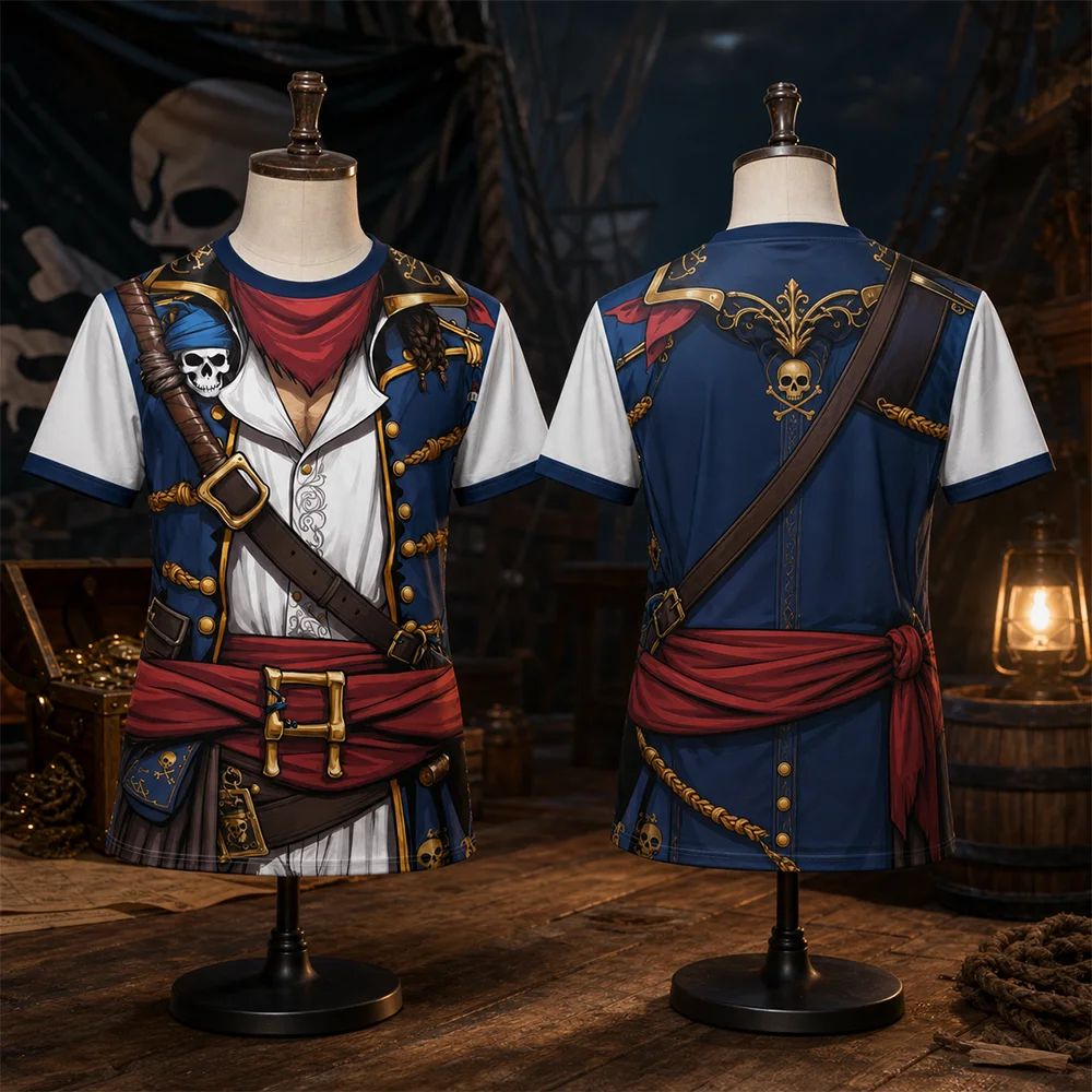 Unisex Piratenkapitän Halloween Cosplay Party T-Shirt Schnelltrocknend Atmungsaktiv Bedrucktes Sport-Oberteil für Eltern und Kinder für den täglichen Outdoor-Gebrauch – Detail 1