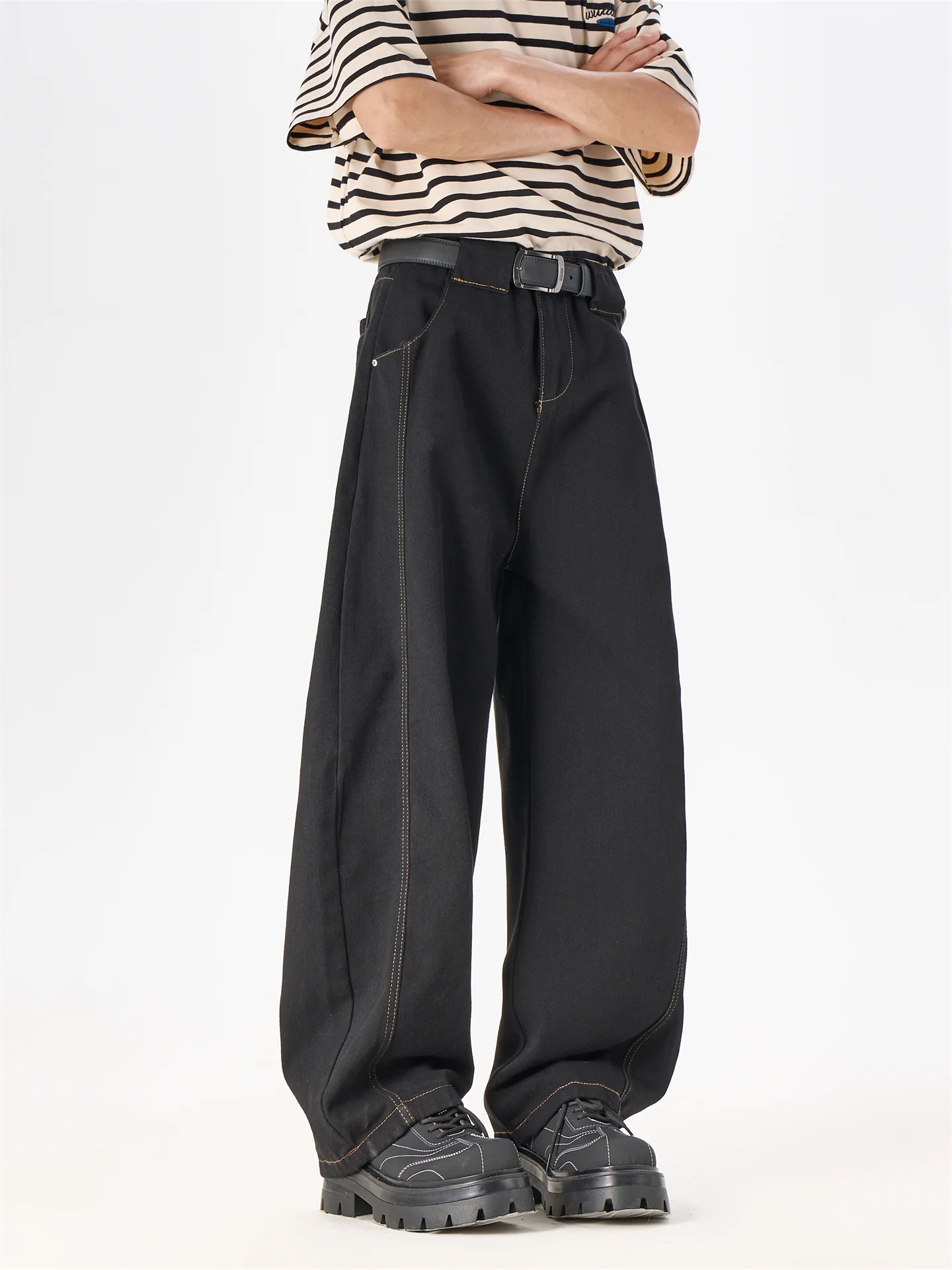 

High Street Vibe Distressed Loose Men's Jeans American Trendy Black Washed Straight Wide Leg Pants Casual Straight Loose Fit