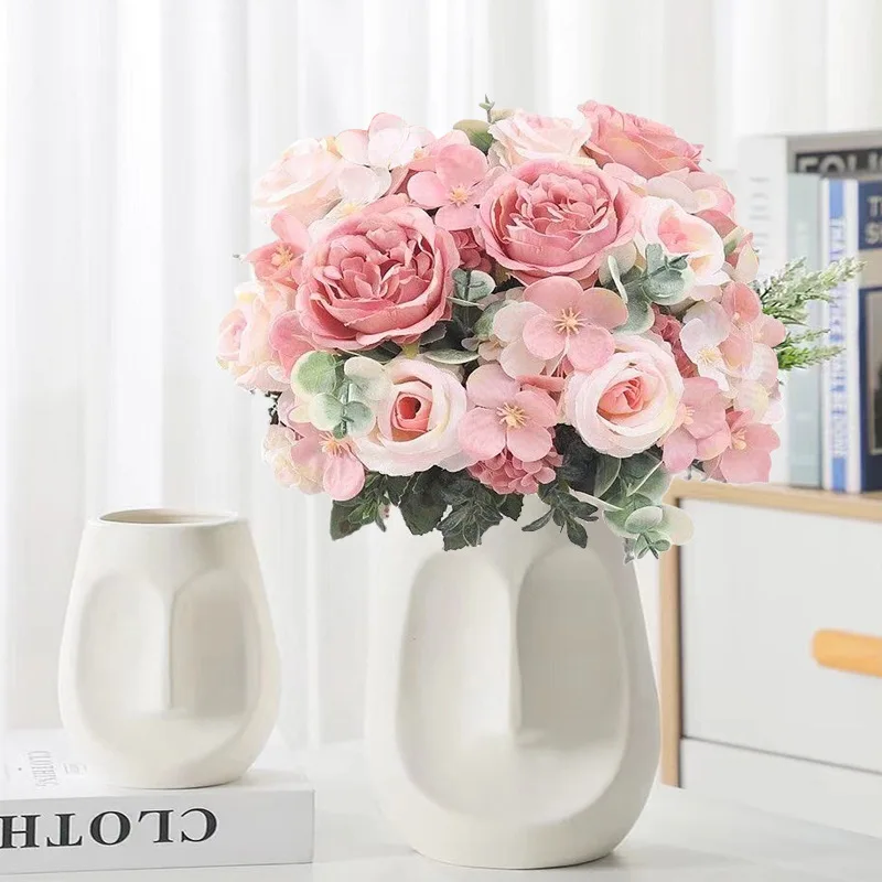 

4PCS Artificial Flowers Silk Peony Hydrangea For Living Room Home Decoration Wedding Bride Bouquet Rose Fake Plants