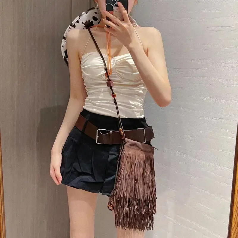 Frosted PU Leather Fringe Tassel Original Bohemian Bag Beads Bags Women\'s Handbags Purses Vintage Women Shoulder Crossbody Bag