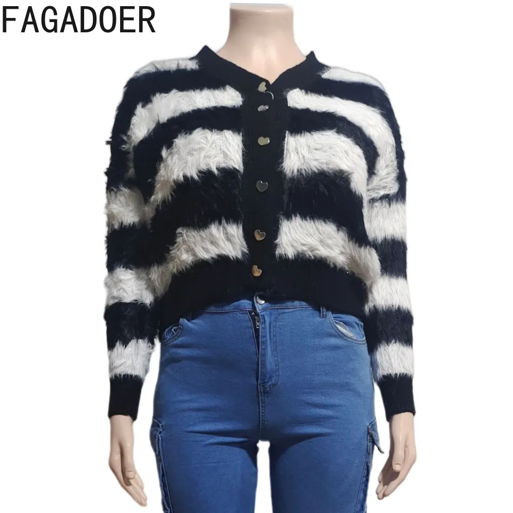 FAGADOER Black White Stripe Printing Casual Knitting Tops Women V Neck Button Long Sleeve Cardigan Spring New Slim Streetwear