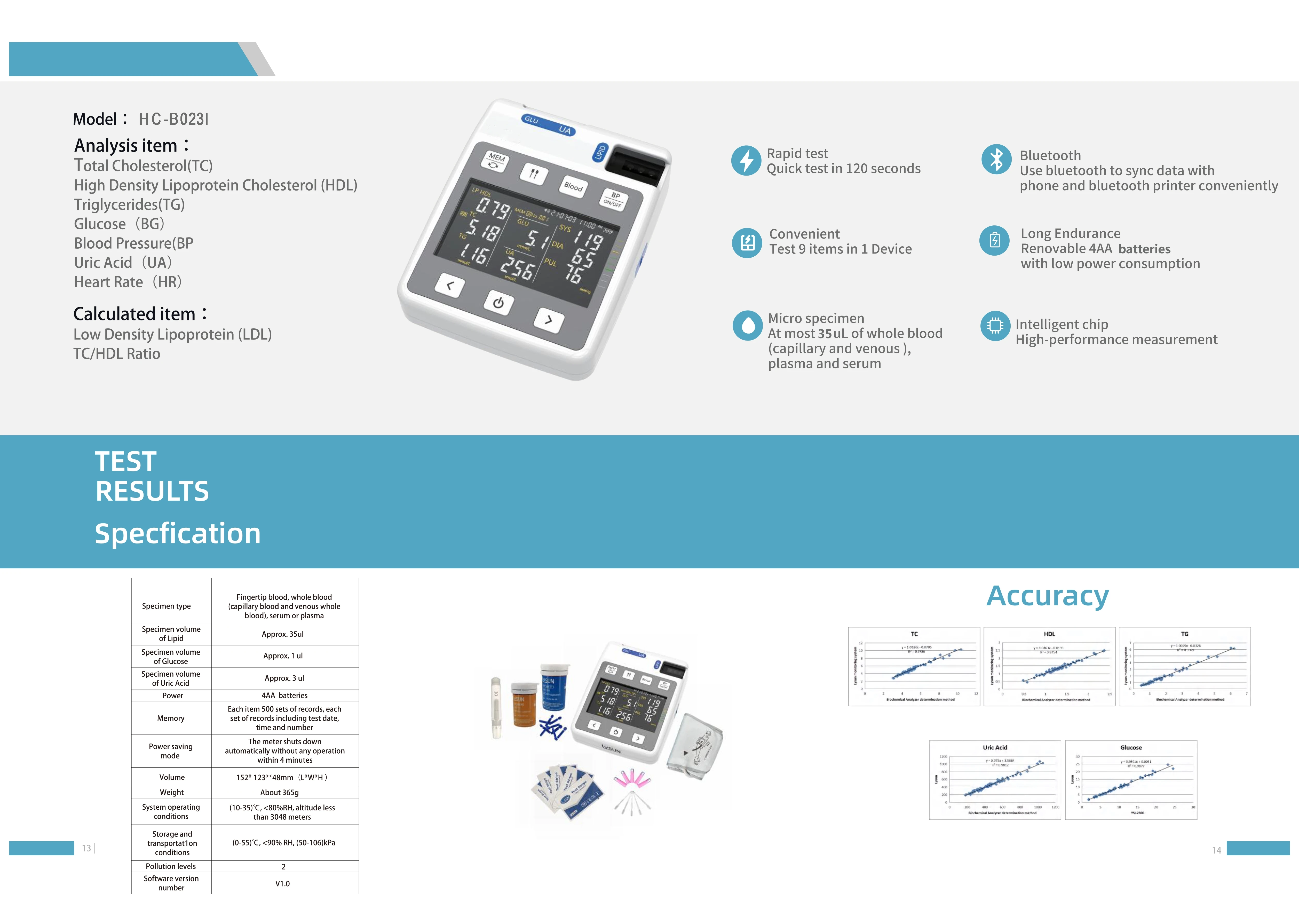 HC-B023I 9 IN 1 multifunctional analyzer TC HDL TG BG BP UA Heart Rate Analysis body analyzer