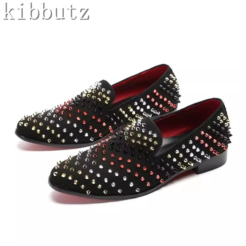 

Colorful Rivets Decorated Loafers Men Fashion Shoes Banquet Black Leather Slip-On Casual Comfortable Breathable Massage Shoes